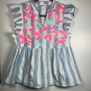Embroidered ruffle sleeve shirt top